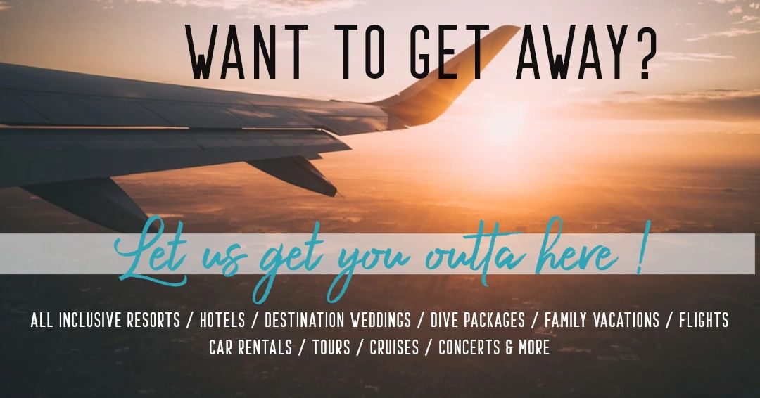 Airplane flying with words want to get away? let us get you outta here!