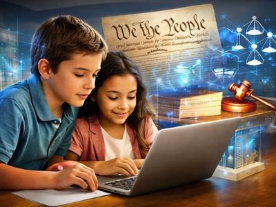 Two children using a laptop with legal and justice symbols in the background.
