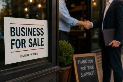 Business for sale sign with handshake in background.