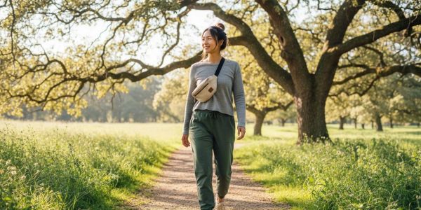 Woman walking on a path surrounded by trees.