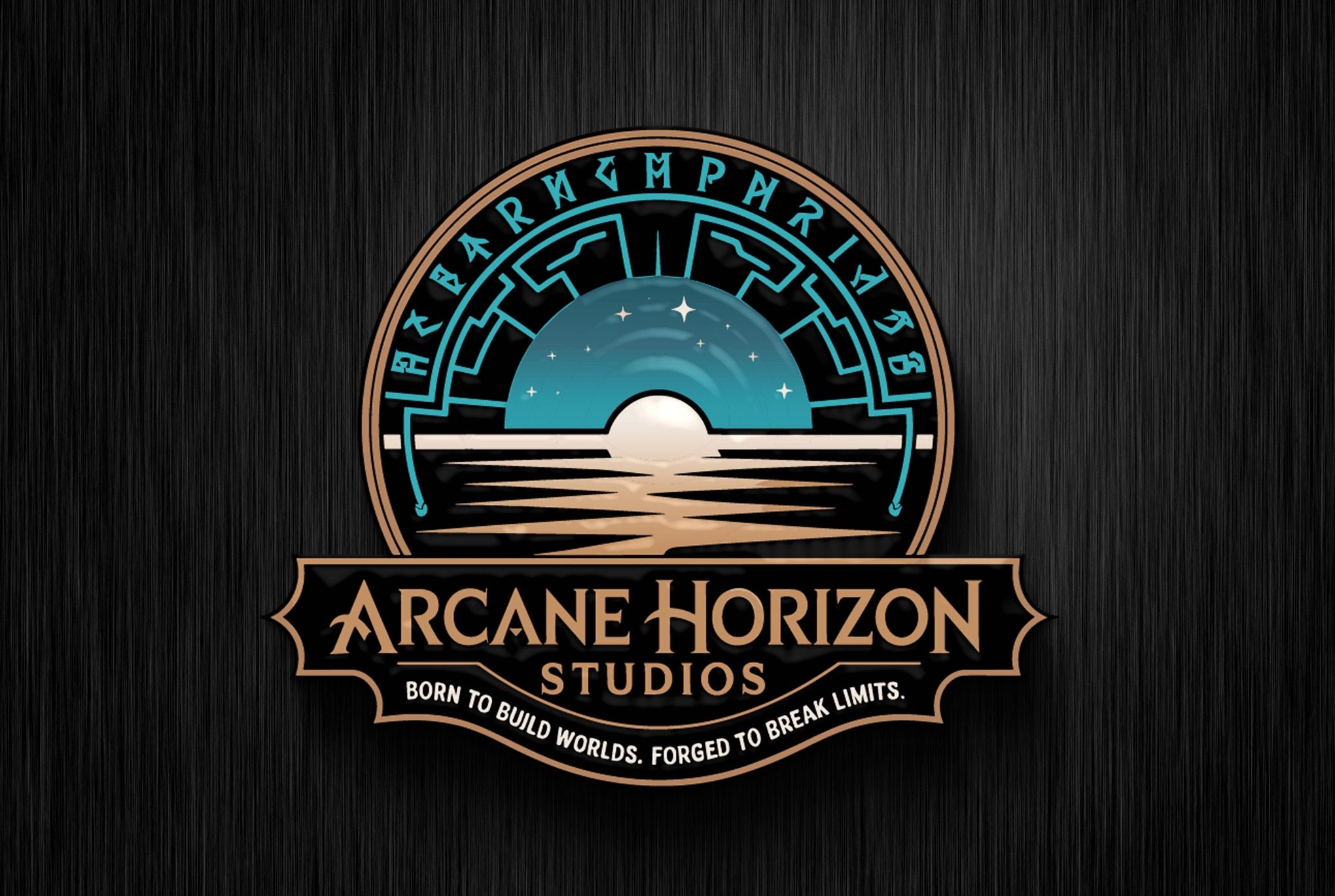 Logo of Arcane Horizon Studios with a mystical horizon and tagline.