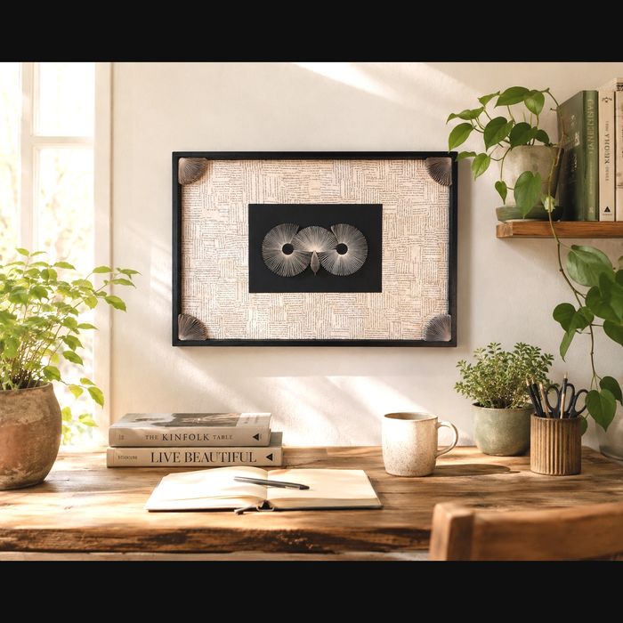 Desk scene with green plants and a black frame with owl eyes made of book pages hangs on the wall
