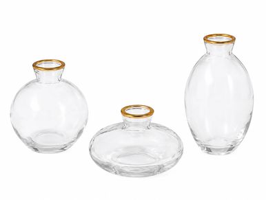 Set of three elegant glass vases with gold rims.