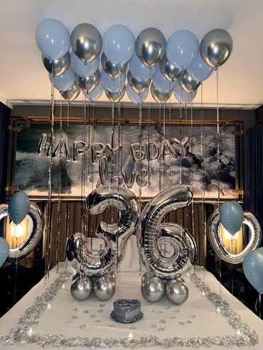 Silver and blue themed birthday room decoration.