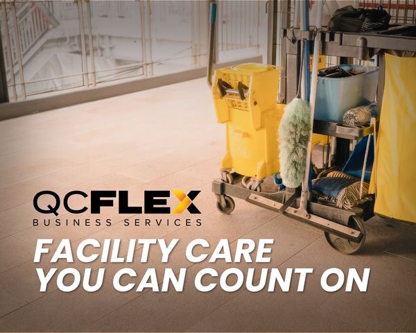 Cleaning cart with supplies and QC Flex Business Services logo promoting facility care.