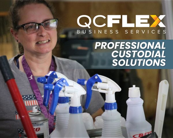 Woman with cleaning supplies promoting professional custodial services by QC Flex Business Services.