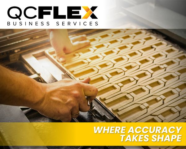 Hands working on precise wood cutting with QC Flex logo and slogan.
