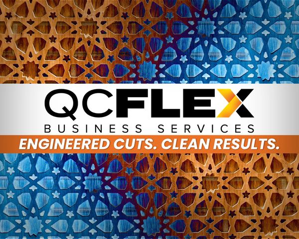 Logo of QCFlex Business Services with tagline on intricate patterned background.