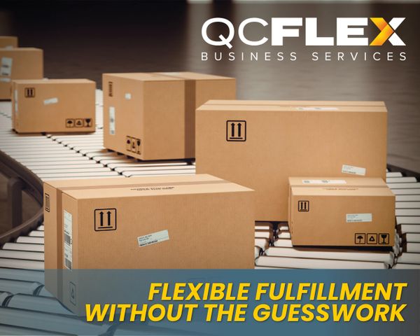Packages moving on a conveyor belt with QC Flex Business Services logo and slogan.