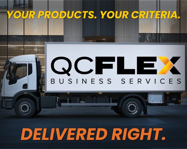 Delivery truck with QC Flex Business Services branding and slogan.