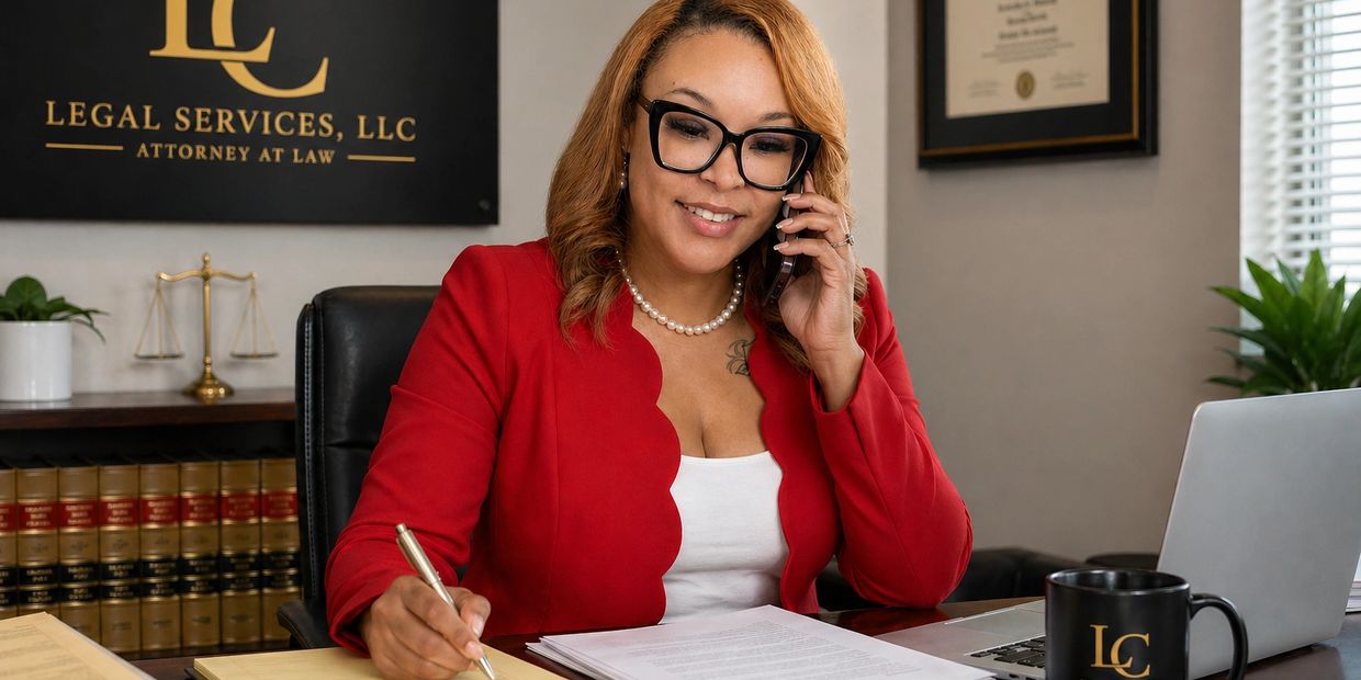 A professional woman in a red blazer on the phone at her legal office.