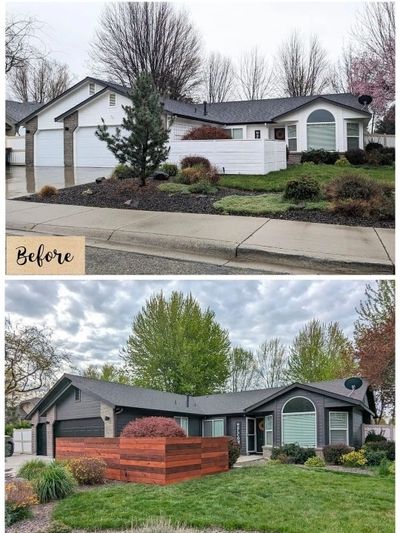 Before and after of a home completely white home painted a beautiful dark gray with black shutters.