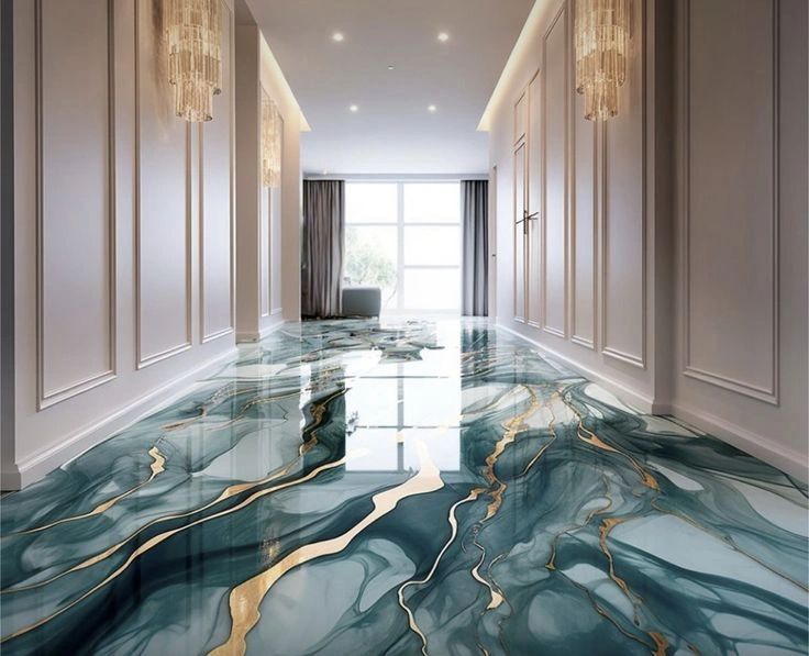 An entrance hall epoxied with gray, white, black, blue, and gold metallic coloring.