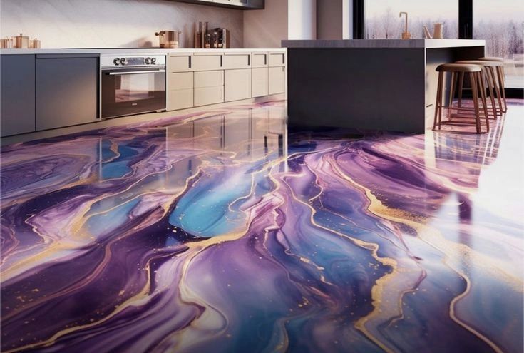 A kitchen floor epoxied in purple, blue, white, and gold metallic colors.