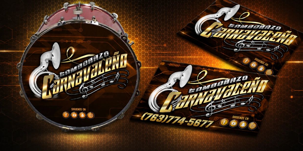Promotional design for Tamborazo Carnavaleño with musical and social media icons.