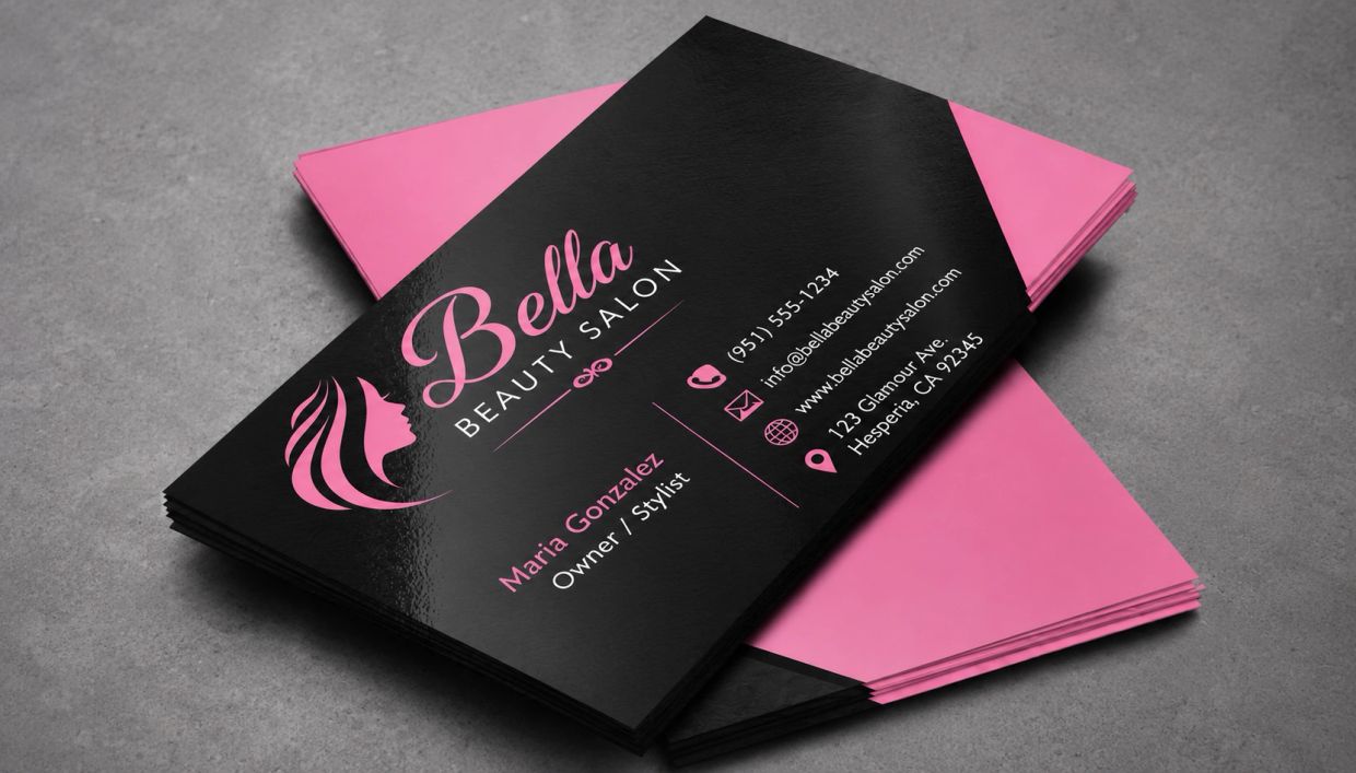 Elegant black and pink business card for Bella Beauty Salon.