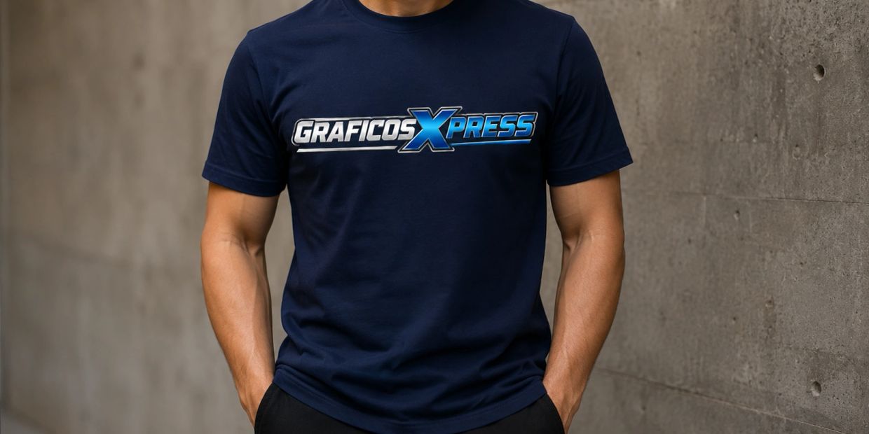 Man wearing a navy blue T-shirt with Grafico Xpress logo.