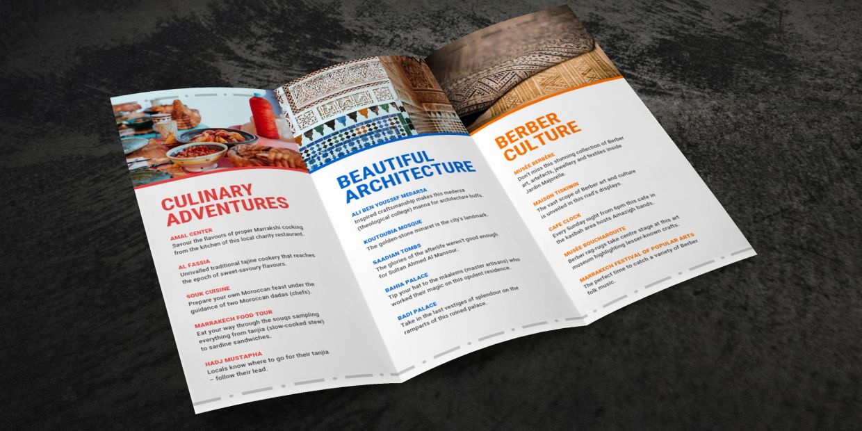 A travel brochure showcasing culinary adventures, beautiful architecture, and Berber culture.
