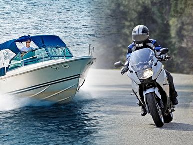 A person driving a speedboat and another riding a motorcycle on a road.