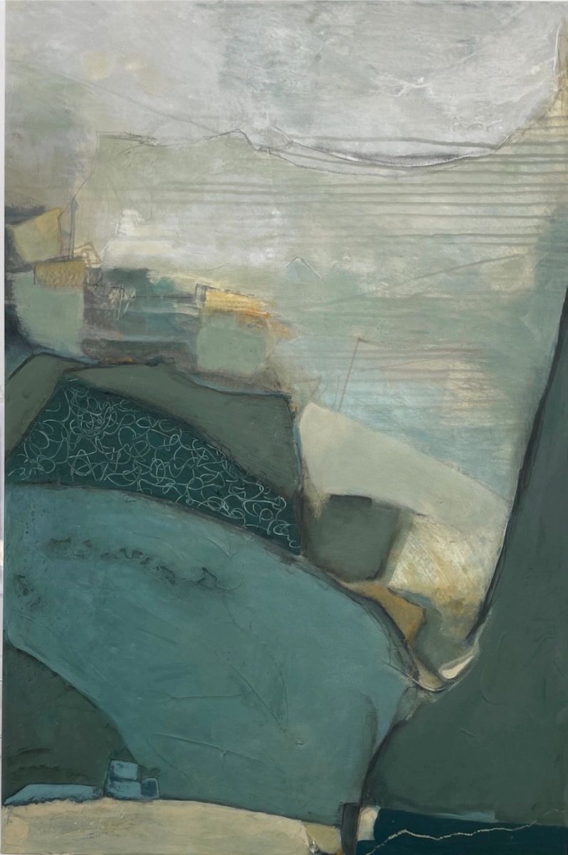 Original abstract artwork, shapes, lines, transparency and textures. Light blues, greens and ocre.