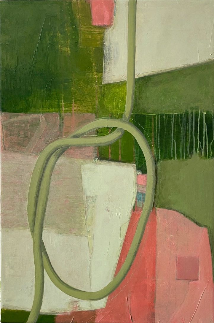 Greens and  coral shapes, lines and textures. Abstract original work.