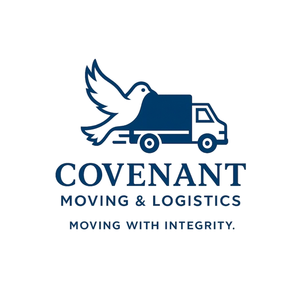 Logo of Covenant Moving & Logistics featuring a truck and a dove.