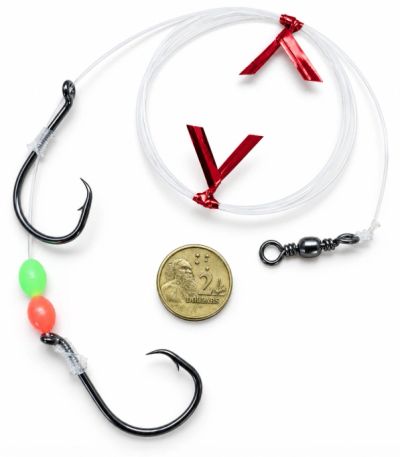 Wiggle ya Worm mono sliding snell rig with a fixed bottom hook, adjustable top hook, coloured beads