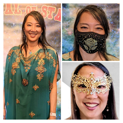 Woman smiling in traditional attire, decorative mask, and a golden masquerade mask.