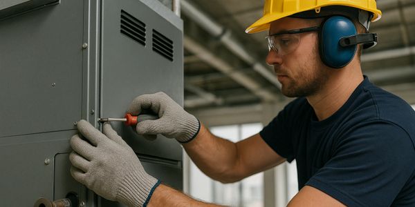 A man installing a commercial-grade heating system