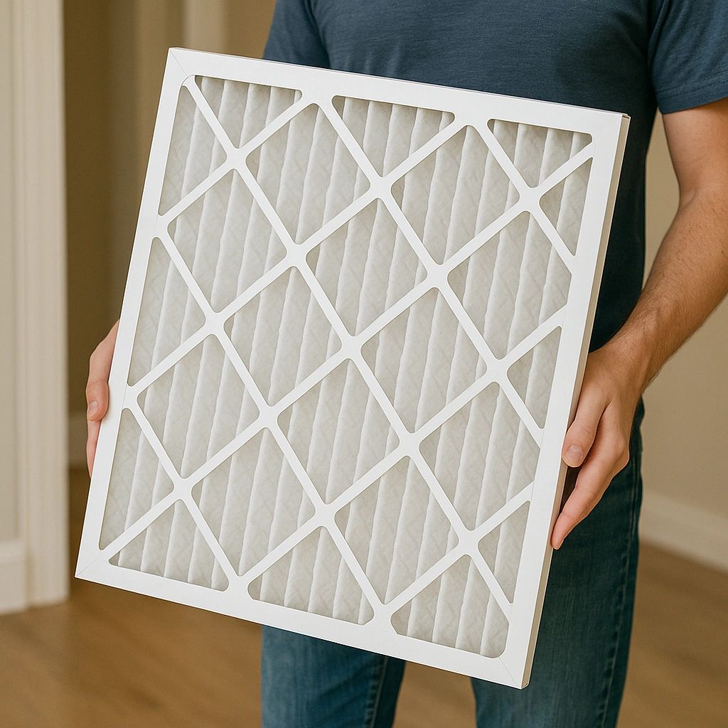 A man carrying a new HVAC filter into the basement