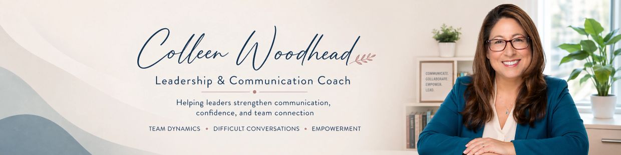 Colleen Woodhead, Leadership & Communication Coach, smiling confidently in an office setting.