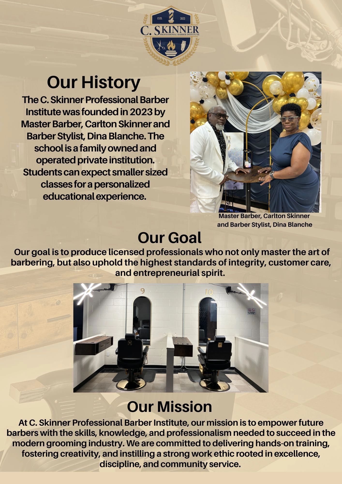 C. Skinner Professional Barber Institute's history, goal, and mission with images of founders and barber chairs.