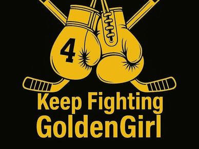 Golden boxing gloves with hockey sticks and motivational text.