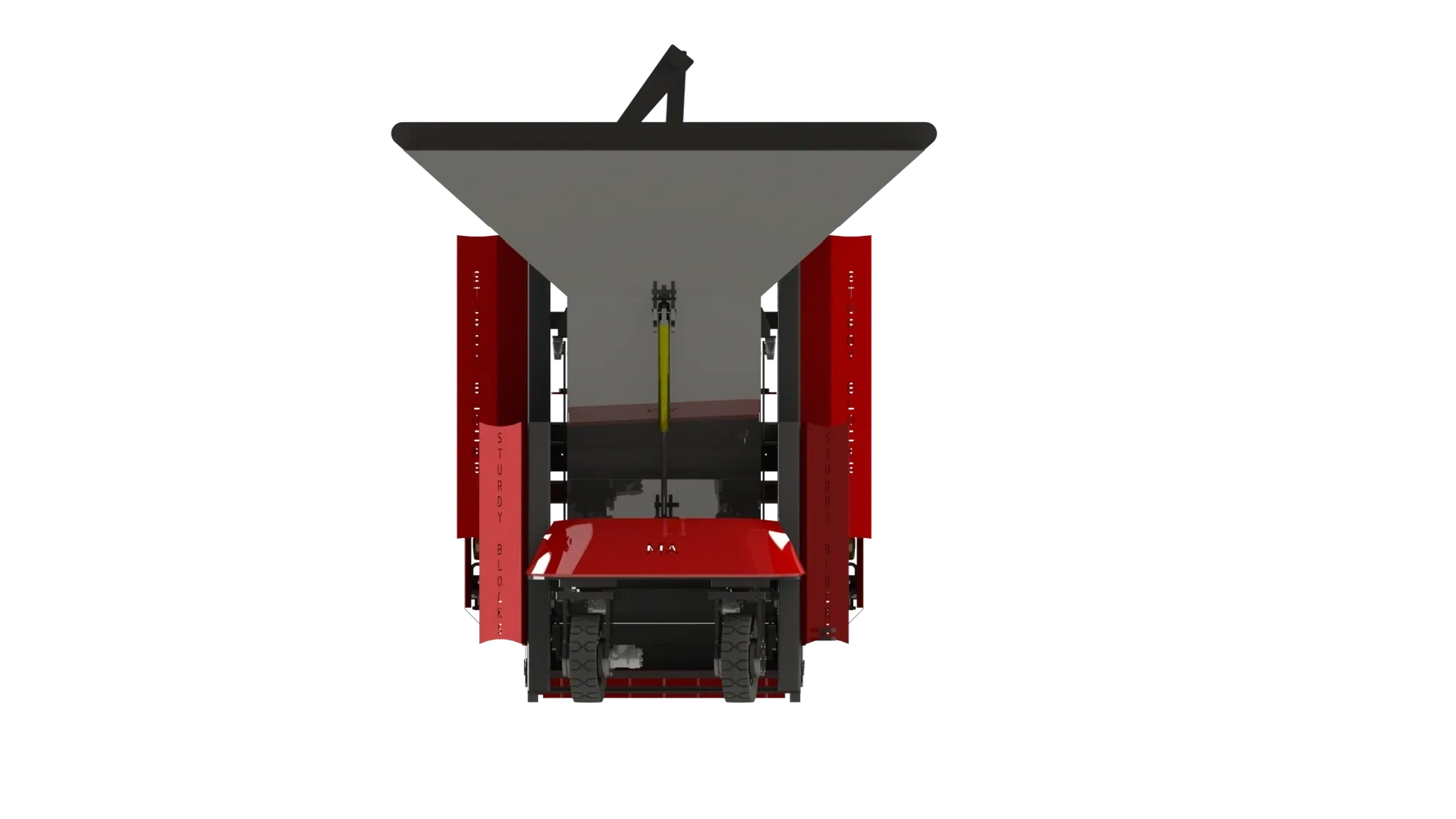 Front view of a red and gray industrial machine with the label 'STURDY BLOCKS'.