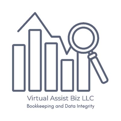 Logo with bar chart and magnifying glass for Virtual Assist Biz LLC.