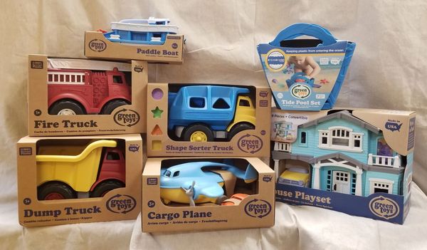 Green Toys, airplane, dump, truck, carrier, fire truck,