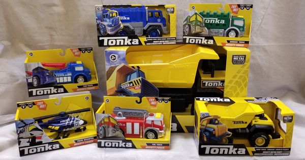 Tonka, trucks, dump truck, fire truck, helicopter,