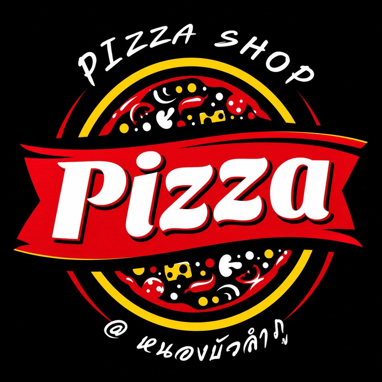 Colorful pizza shop logo with toppings and text.
