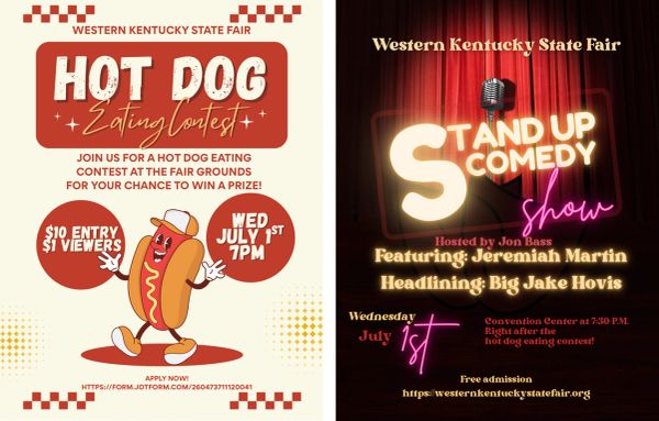 Flyers for Western Kentucky State Fair events: hot dog eating contest and stand-up comedy show.