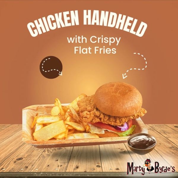 Chicken handheld sandwich with crispy flat fries and dipping sauce.