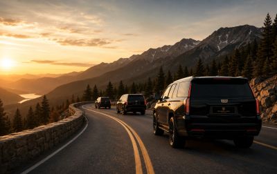 A convoy of black SUVs driving on a mountain road at sunset.
