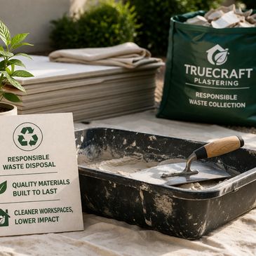 Plastering tools and eco-friendly waste disposal signage on a worksite.