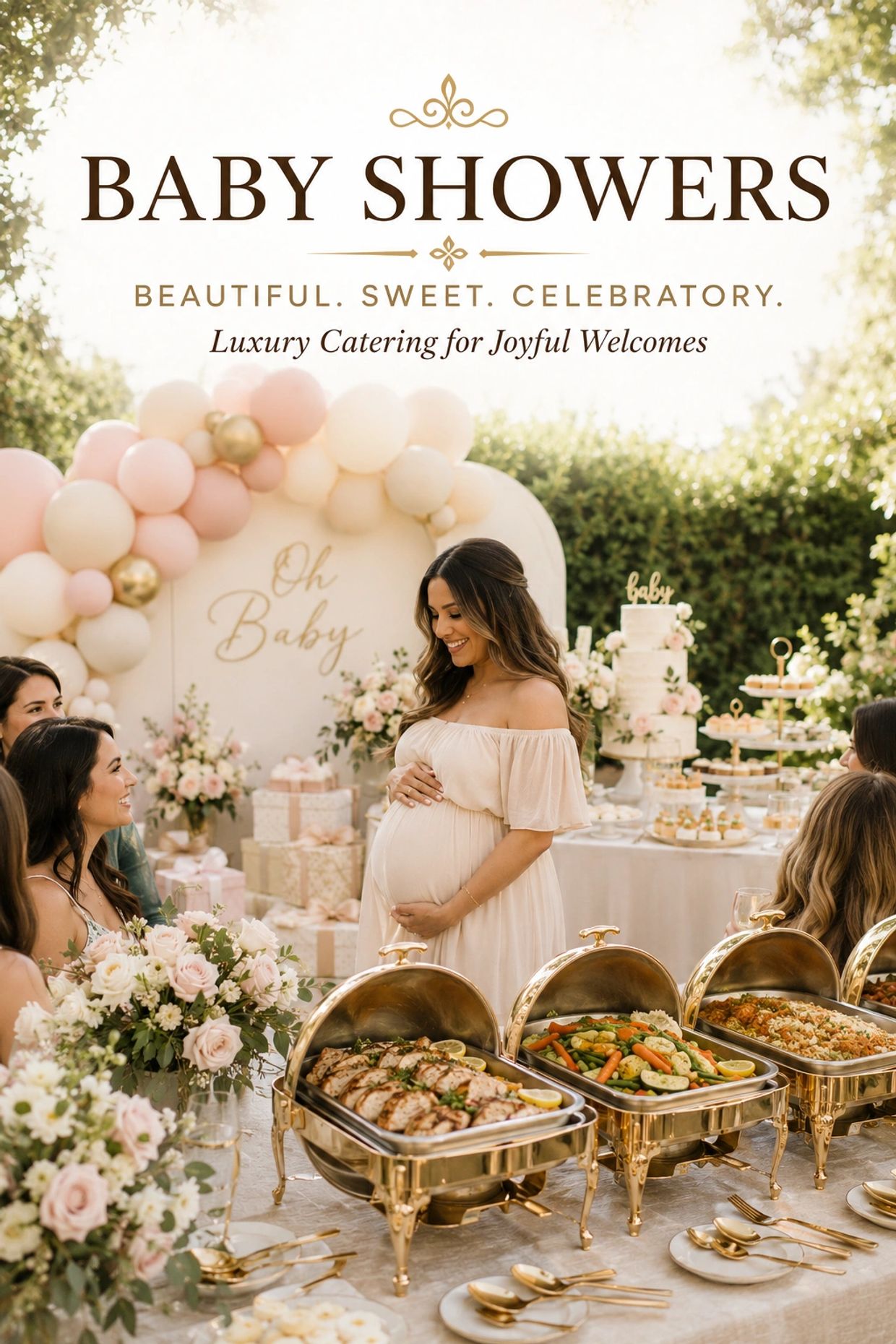 Elegant baby shower with delicious catered food and joyful guests.
