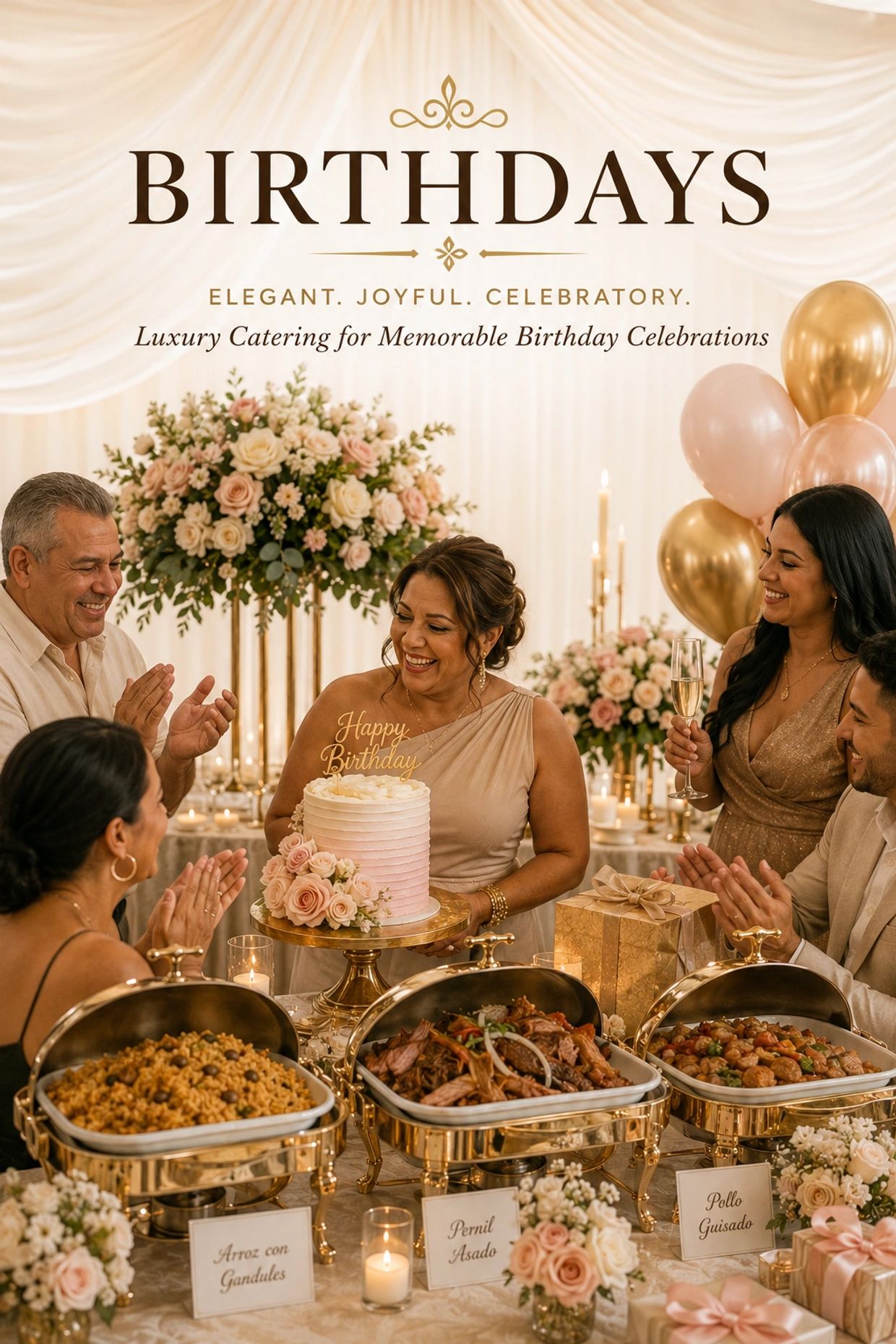 Elegant birthday celebration with catering and joyful guests.