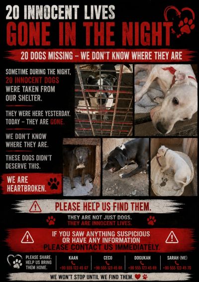 Poster about 20 missing dogs taken from a shelter.