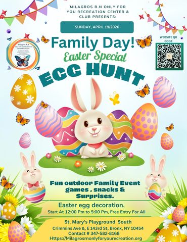Colorful Easter egg hunt family event poster with bunny and butterflies.