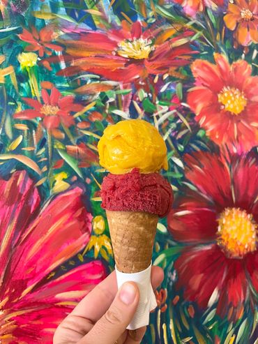 Art et cornet sucré deux boules de sorbet maison.
100% naturel, fait avec des vrais fruits.