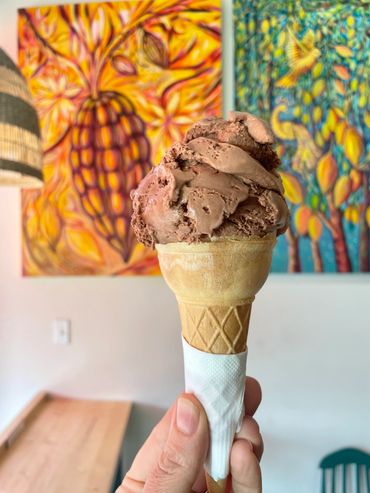 Art, cabosses de cacao, cornet glace artisanal au chocolat. Qualité, bonheur assuré.