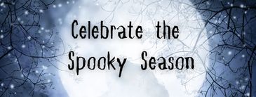 Text stating "Celebrate the Spooky Season" on a background of a moon surrounded by dark branches