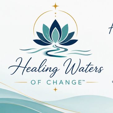 Logo of Healing Waters of Change with a lotus and water design.